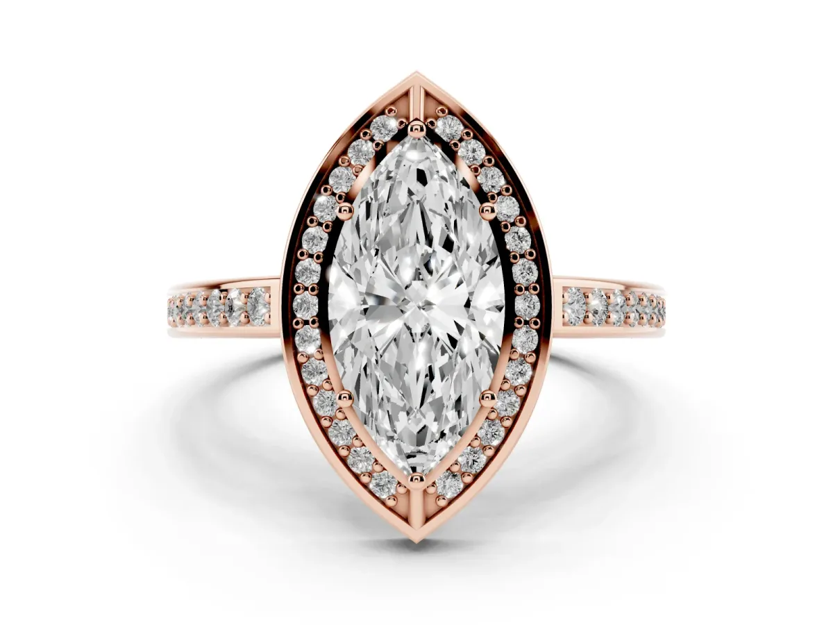 Marquise Cut Cut Halo Pave Split Shank Prong Setting Ring Rose gold
