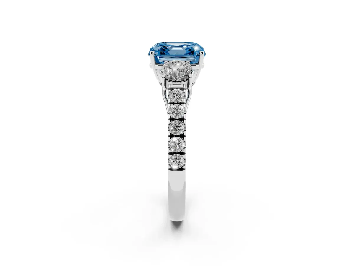 Fancy Blue Asscher Cut Cut Diamond Three-Stone Ring with Round Side Stones and Pavé Band White gold
