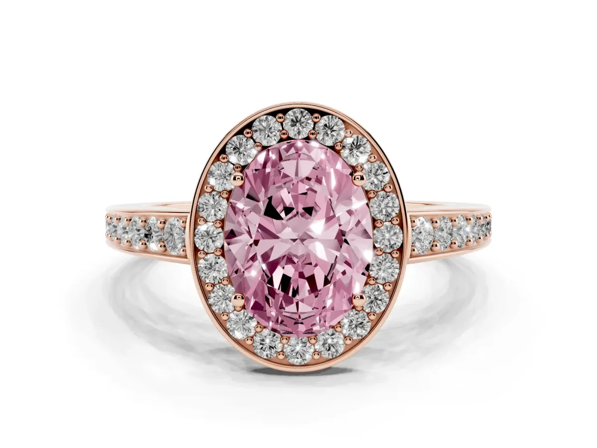 Fancy Pink Oval Cut Halo Pavé Diamond Engagement Ring with Bezel Setting Rose gold