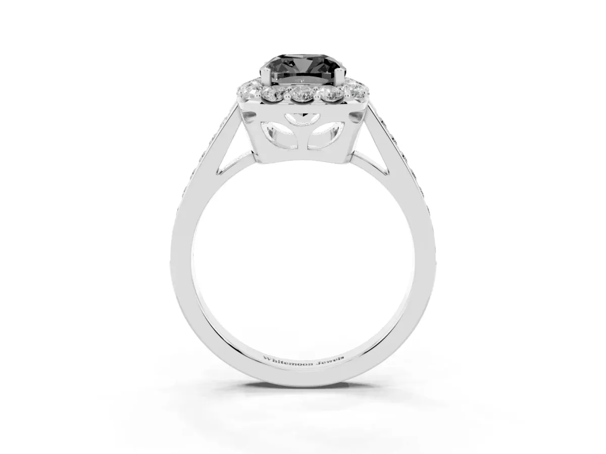 Fancy Black Cushion Cut Diamond Floral Halo Ring with Pavé Band and Prong Setting White gold