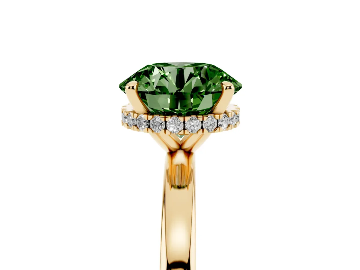 Fancy Green Round Cut Solitaire Engagement Ring with Cathedral Band and Four-Prong Setting Yellow gold