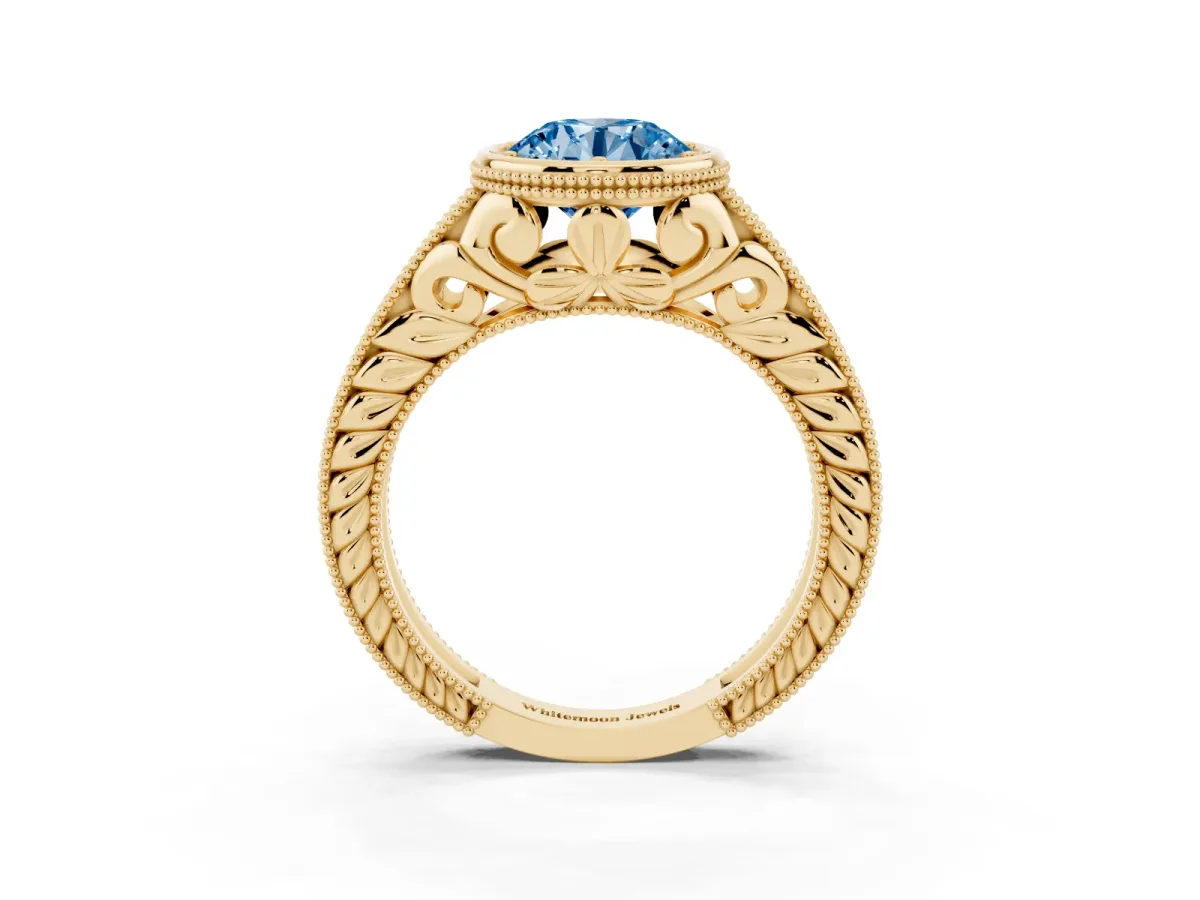 Fancy Blue Bezel Set Round Cut Diamond Milgrain Pave Engagement Ring Yellow gold