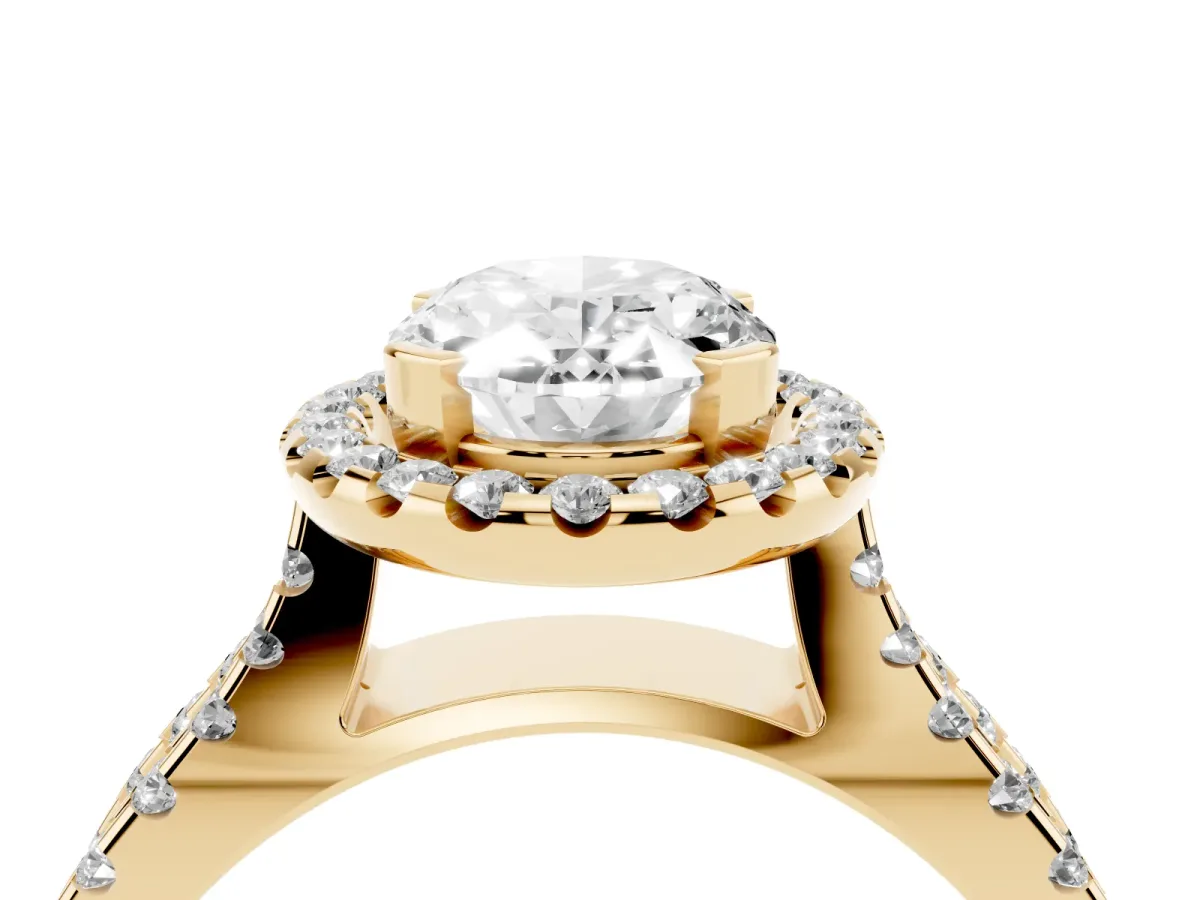 Oval Cut Diamond Halo Ring with Split Shank Pavé Band and Prong Setting Yellow gold