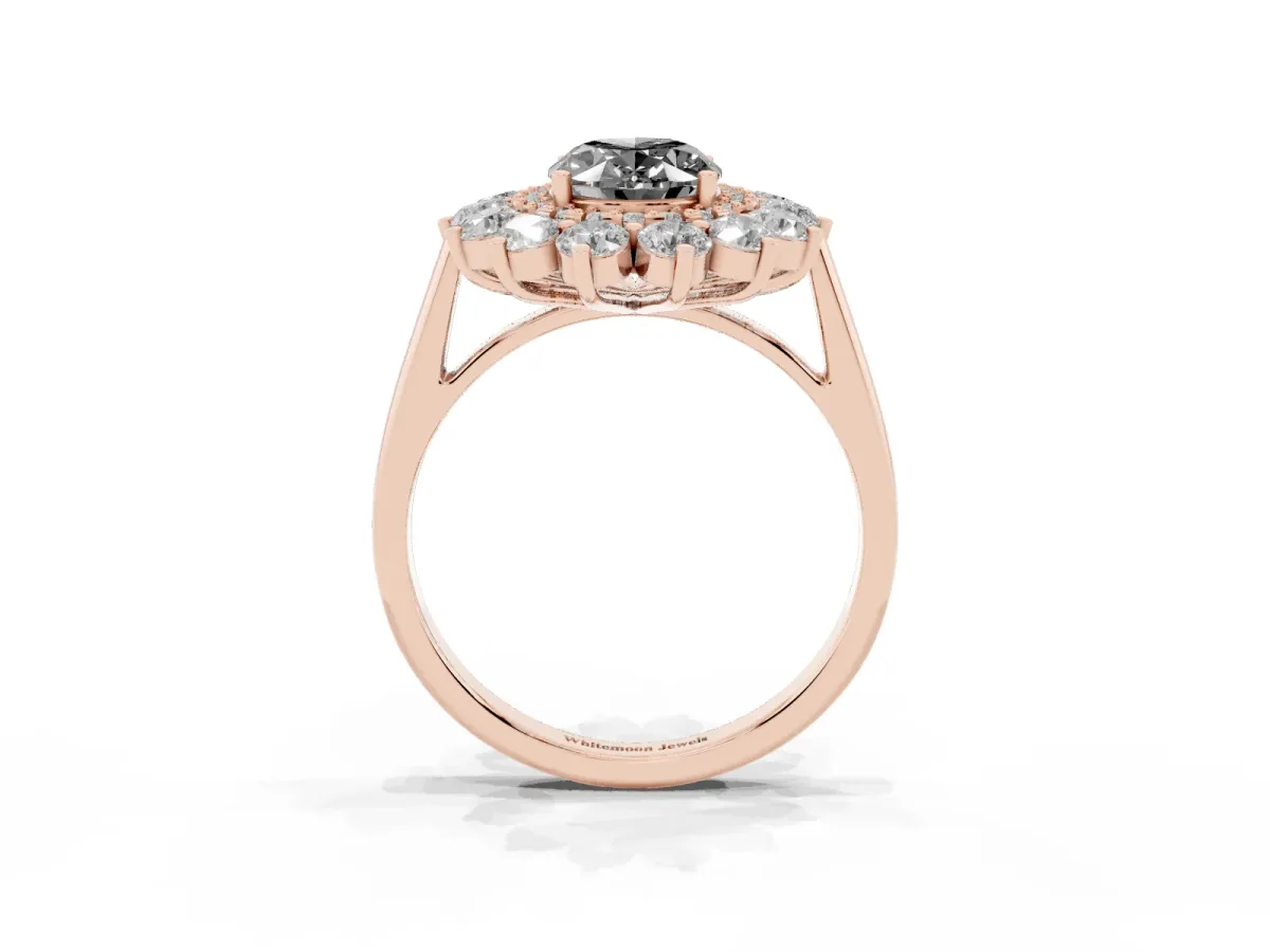 Fancy Black Oval Cut Diamond Floral Double Halo Engagement Ring with Prong Setting Rose gold