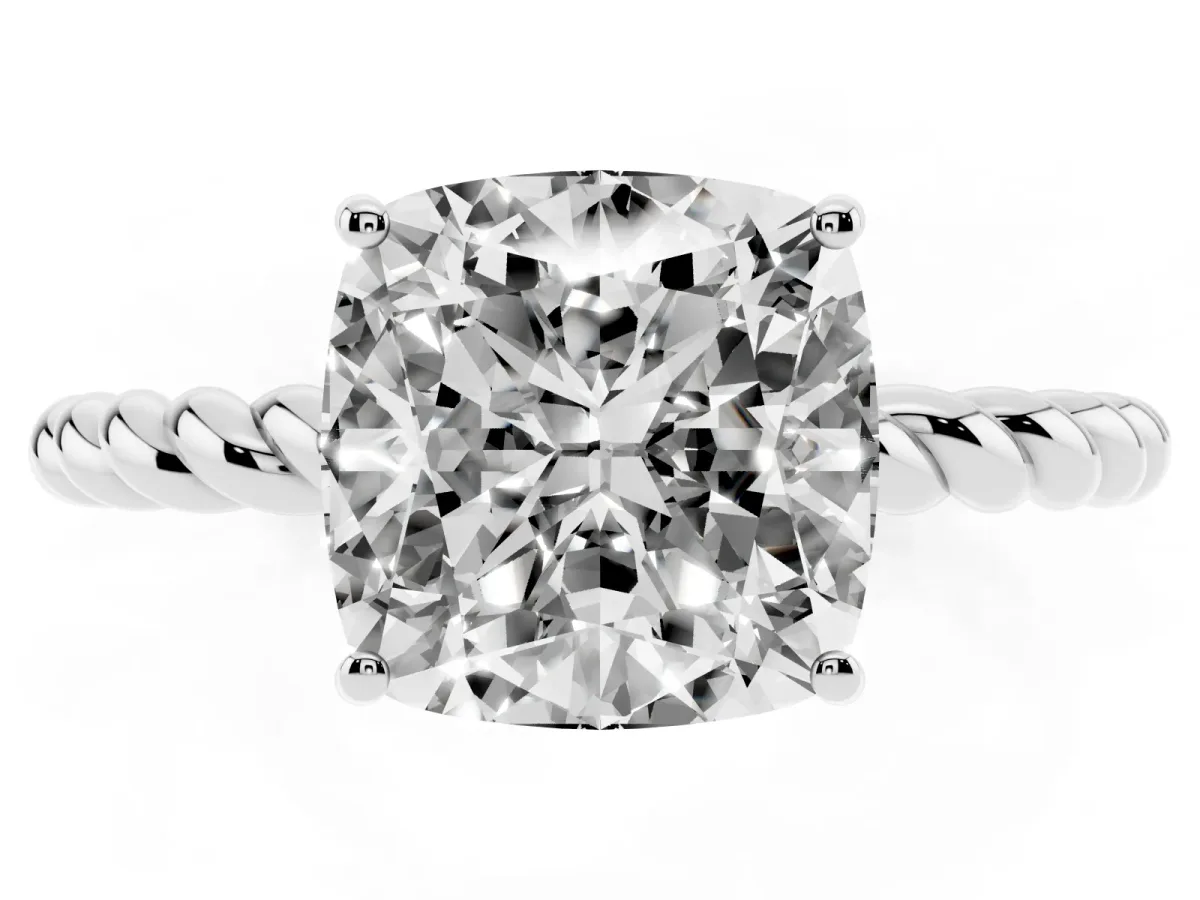 Cushion Cut Solitaire Twist Band Ring with Four-Prong Setting White gold