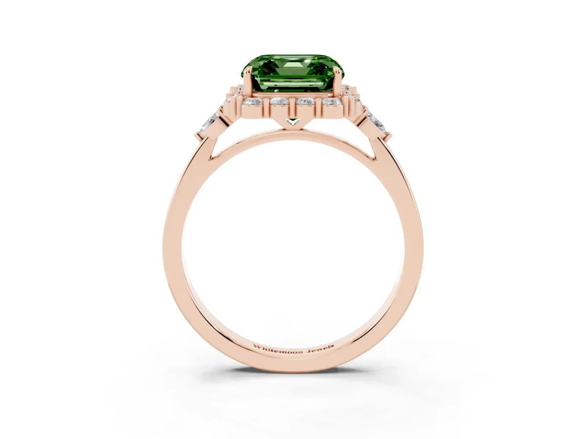 Fancy Green Asscher Cut Diamond Halo Ring with Pear Side Stones and Prong Setting Rose gold