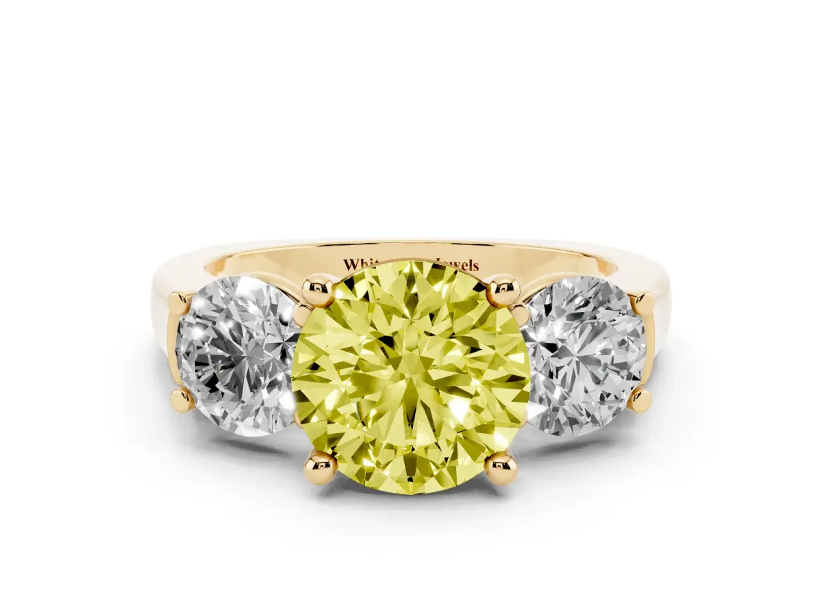 Fancy Yellow Three-Stone Round Cut Brilliant Diamond Trellis Ring with Comfort Fit Band Yellow gold