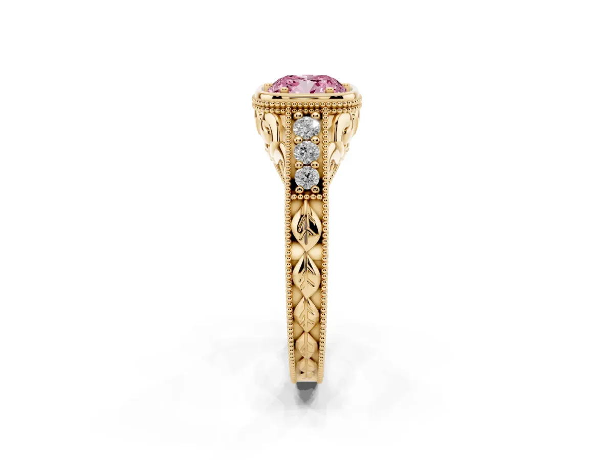 Fancy Pink Bezel Set Cushion Cut Diamond Milgrain Pave Engagement Ring Yellow gold