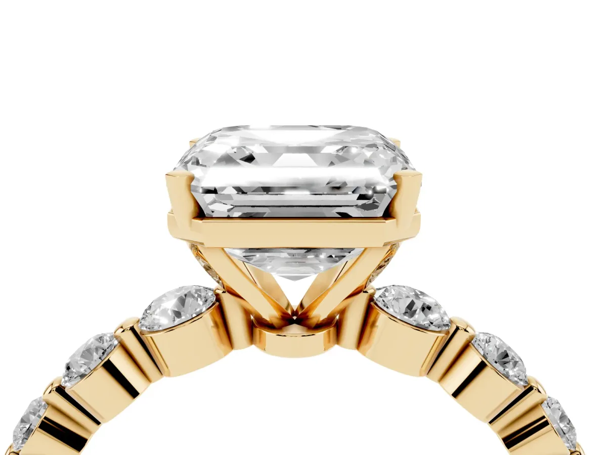 Asscher Cut Solitaire Diamond Ring with Pave Band and Four-Prong Setting Yellow gold