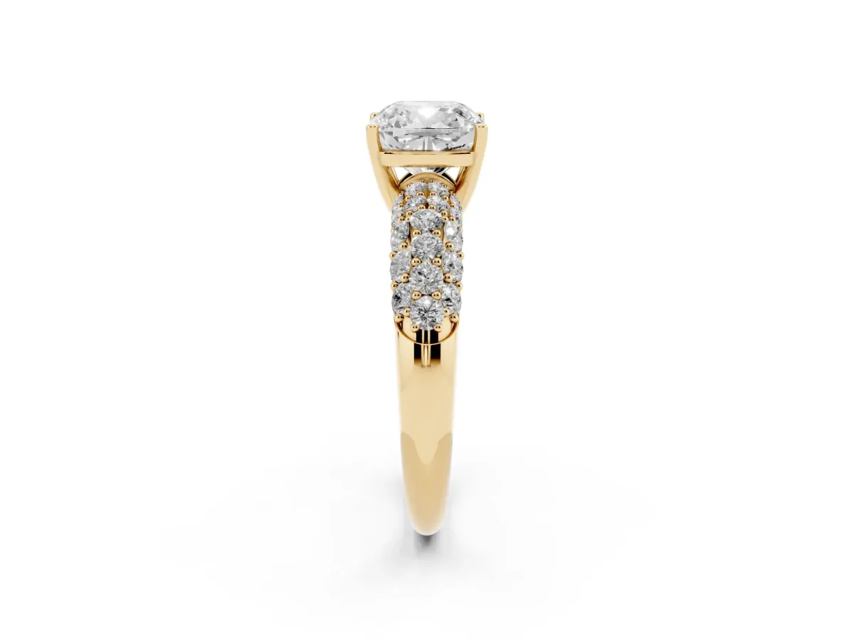 Cushion Cut Diamond Pavé Band Solitaire Ring with Four-Prong Setting Yellow gold