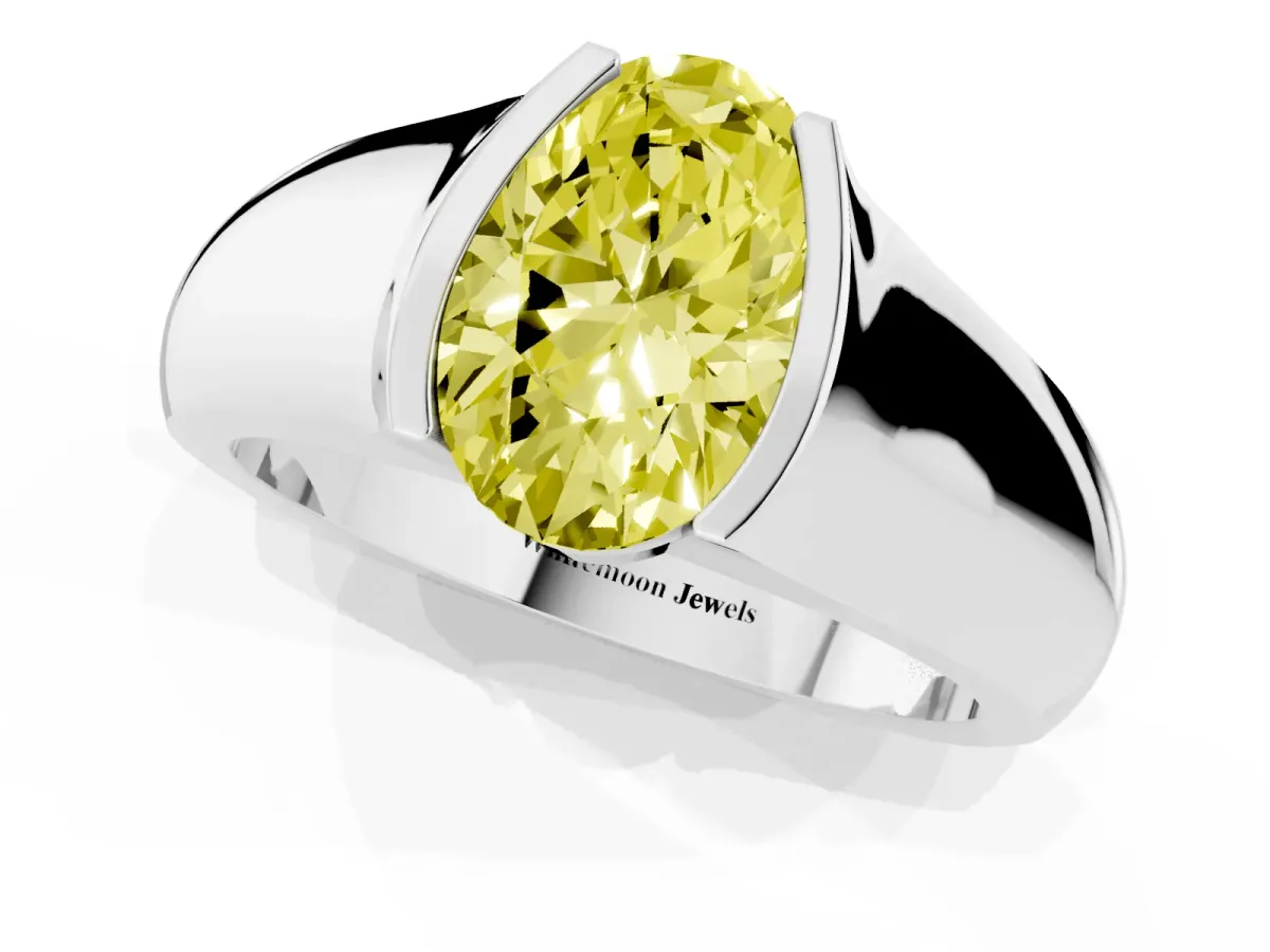 Fancy Yellow Oval Cut Solitaire Bezel Set Diamond Ring with Wide Band Platinum