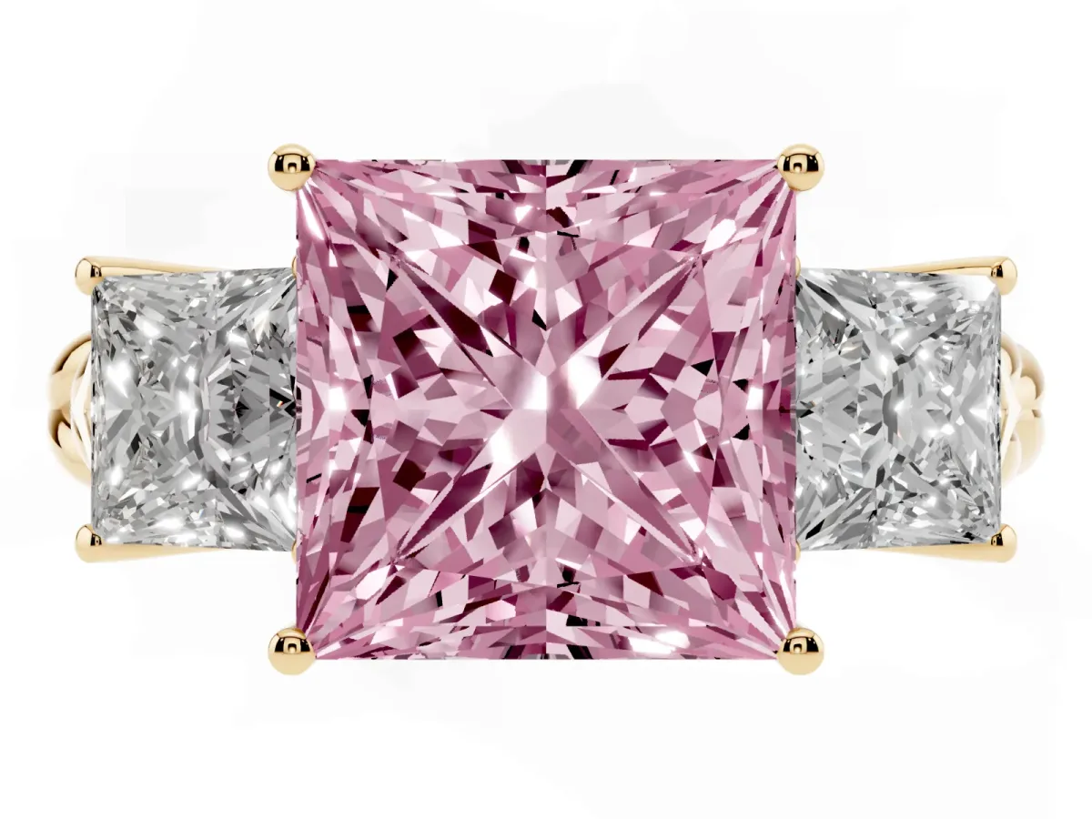 Fancy Pink Three-Stone Princess Cut Diamond Braided Band Ring with Four-Prong Setting Yellow gold