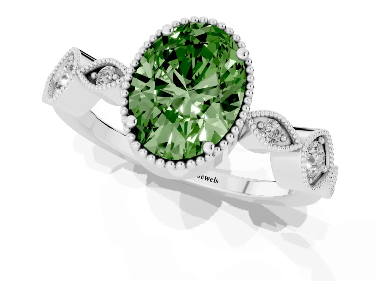 Fancy Green Oval Cut Diamond Vintage Milgrain Ring with Round Stations Platinum