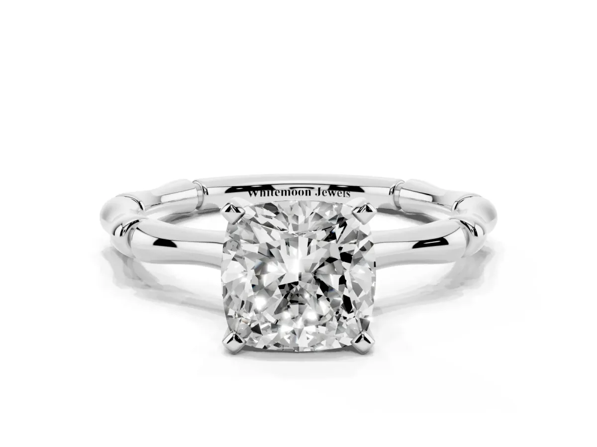 Cushion Cut Solitaire Diamond Ring with Bamboo Band and Four-Prong Setting Silver