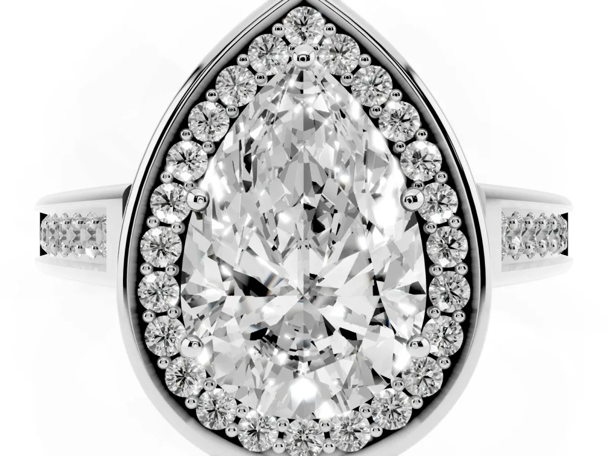 Pear Cut Halo Solitaire Diamond Ring with Pave Band and Bezel Setting Silver