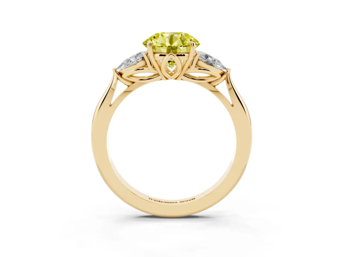 Fancy Yellow Round Cut Diamond Three-Stone Ring with Pear Side Stones and Prong Setting Yellow gold