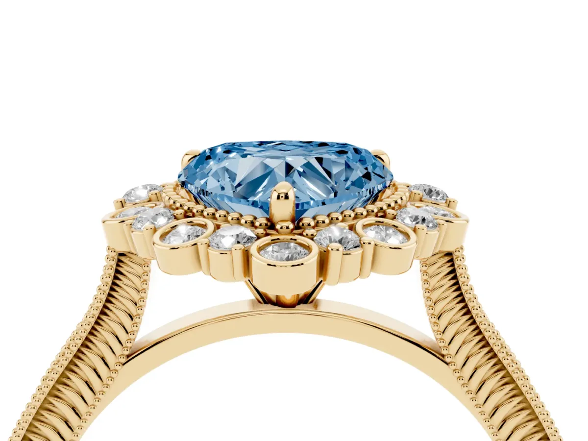 Fancy Blue Heart Cut Halo Milgrain Pave Diamond Ring with Four-Prong Setting Yellow gold