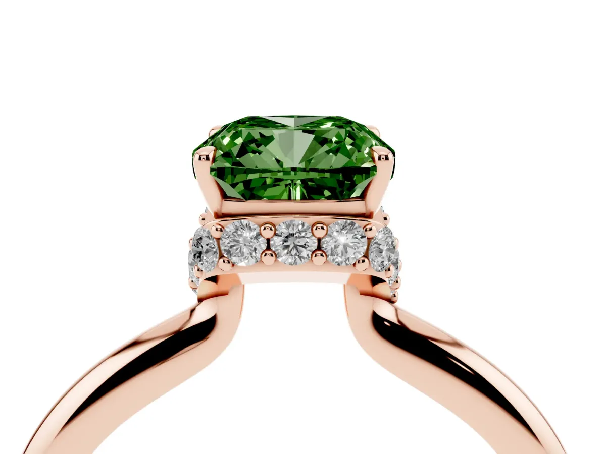 Fancy Green Cushion Cut Brilliant Solitaire Engagement Ring with Six-Prong Setting and Classic Band Rose gold