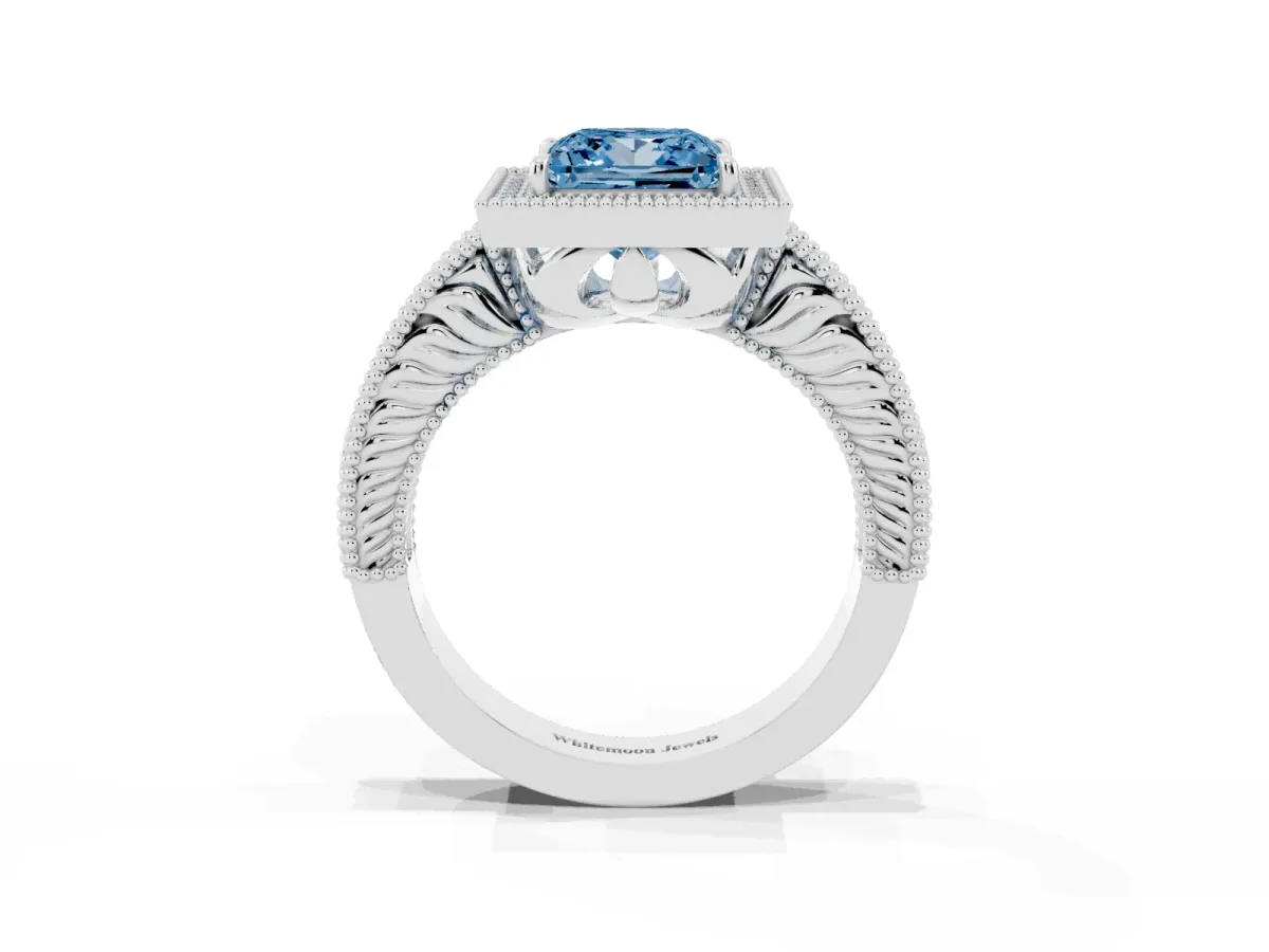 Fancy Blue Princess Cut Cut Halo Diamond Ring with Pavé Band and Four-Prong Setting Platinum