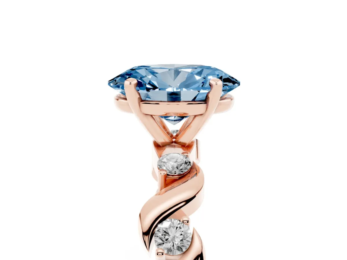 Fancy Blue Oval Cut Diamond Solitaire Twisted Band with Round Accents and Prong Setting Rose gold