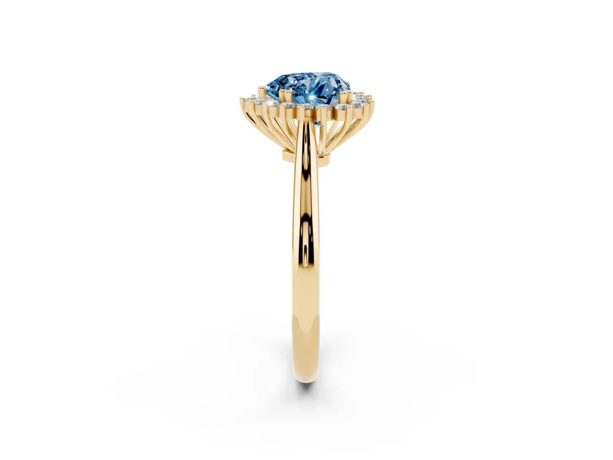 Fancy Blue Heart Cut Cut Diamond Halo Ring with Solitaire Band and Prong Setting Yellow gold