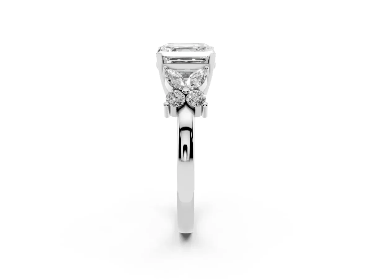 Asscher Cut Diamond Floral Cluster Ring with Solitaire Band and Prong Setting Silver