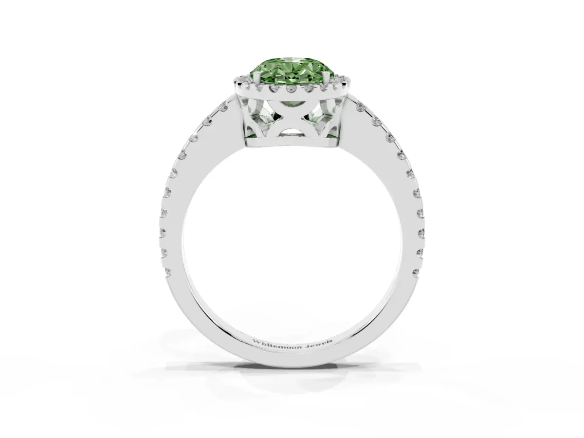 Fancy Green Oval Cut Diamond Halo Engagement Ring with Pavé Band and Prong Setting Platinum