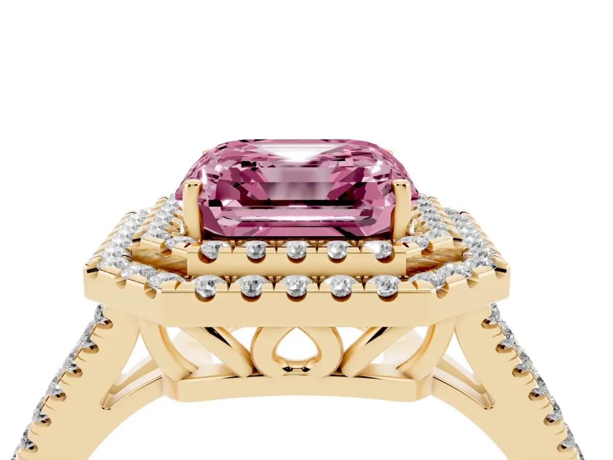 Fancy Pink Asscher Cut Diamond Double Halo Ring with Pavé Band and Prong Setting Yellow gold