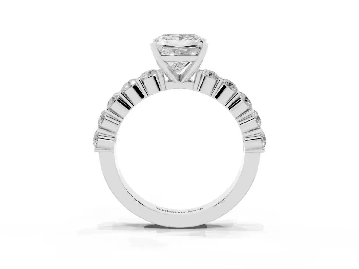 Princess Cut Diamond Solitaire Ring with Shared Prong Round Side Stones Silver
