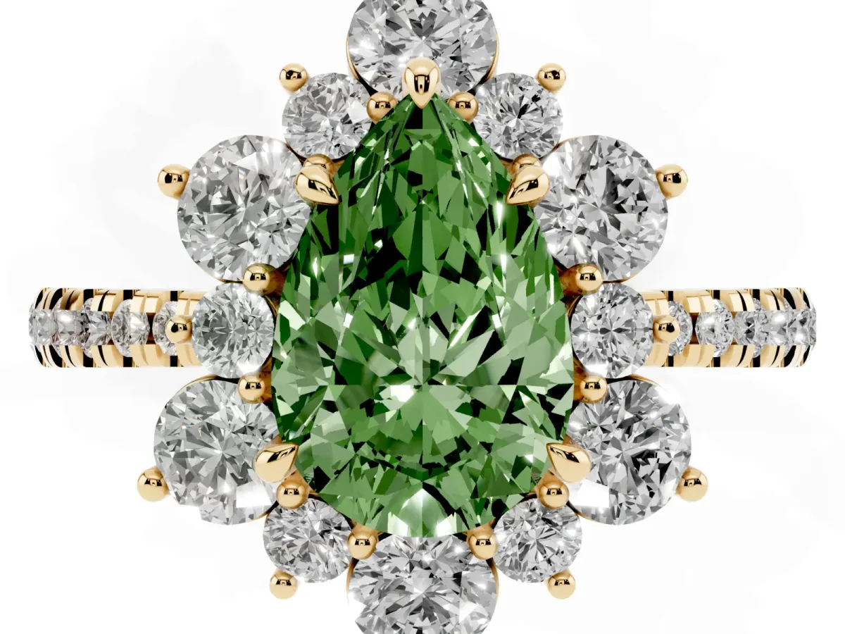Fancy Green Pear Cut Diamond Floral Halo Ring with Round Pavé Band and Prong Setting Yellow gold