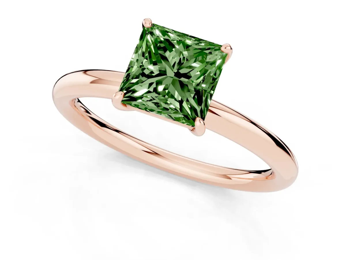 Fancy Green Princess Cut Solitaire Diamond Ring with Four-Prong Setting on a Plain Band Rose gold