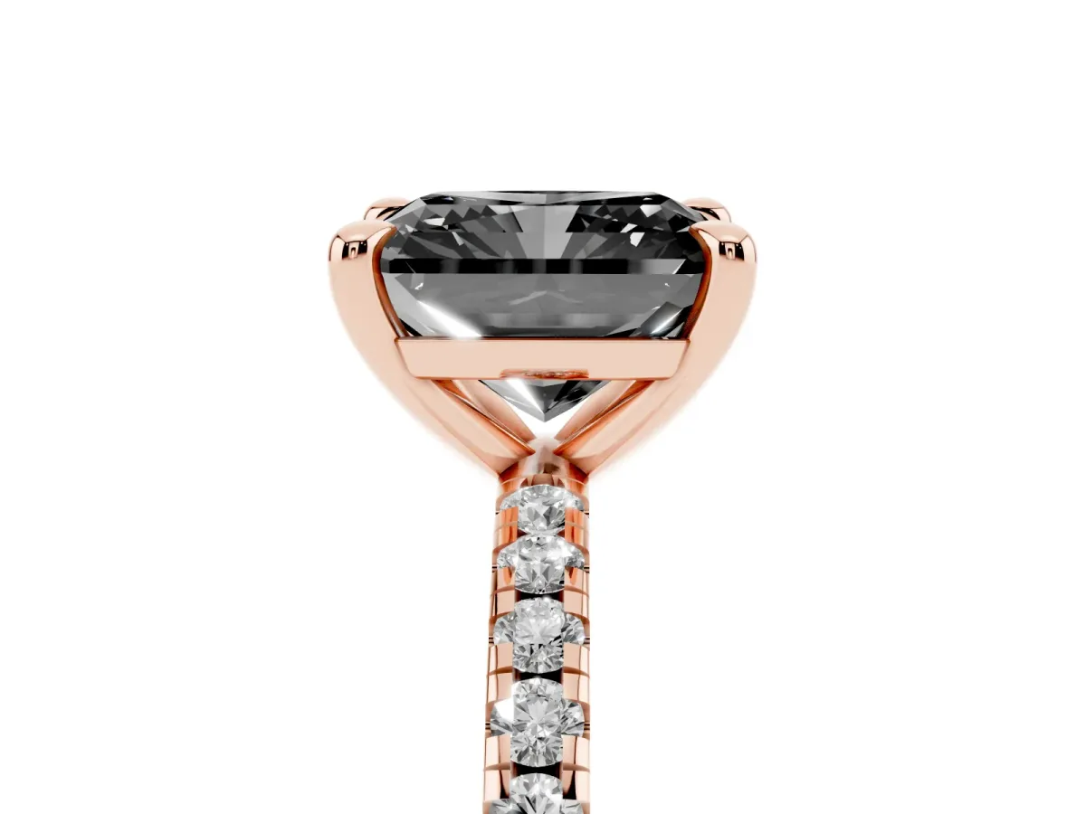 Fancy Black Radiant Cut Diamond Brilliant Solitaire Ring with Pavé Band and Four-Prong Setting Rose gold