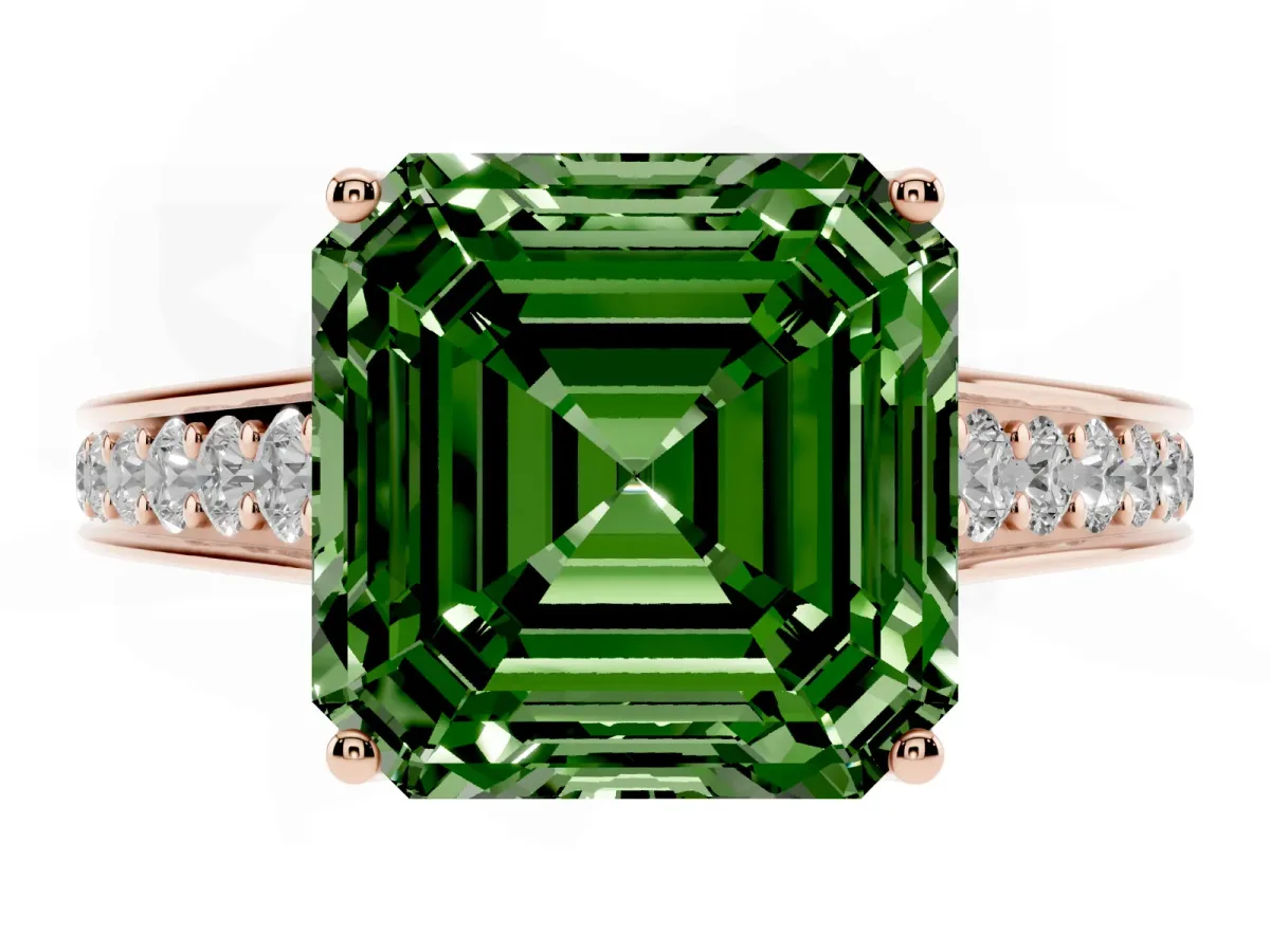 Fancy Green Asscher Cut Brilliant Cut Diamond Engagement Ring with Pavé Band and Four-Prong Setting Rose gold