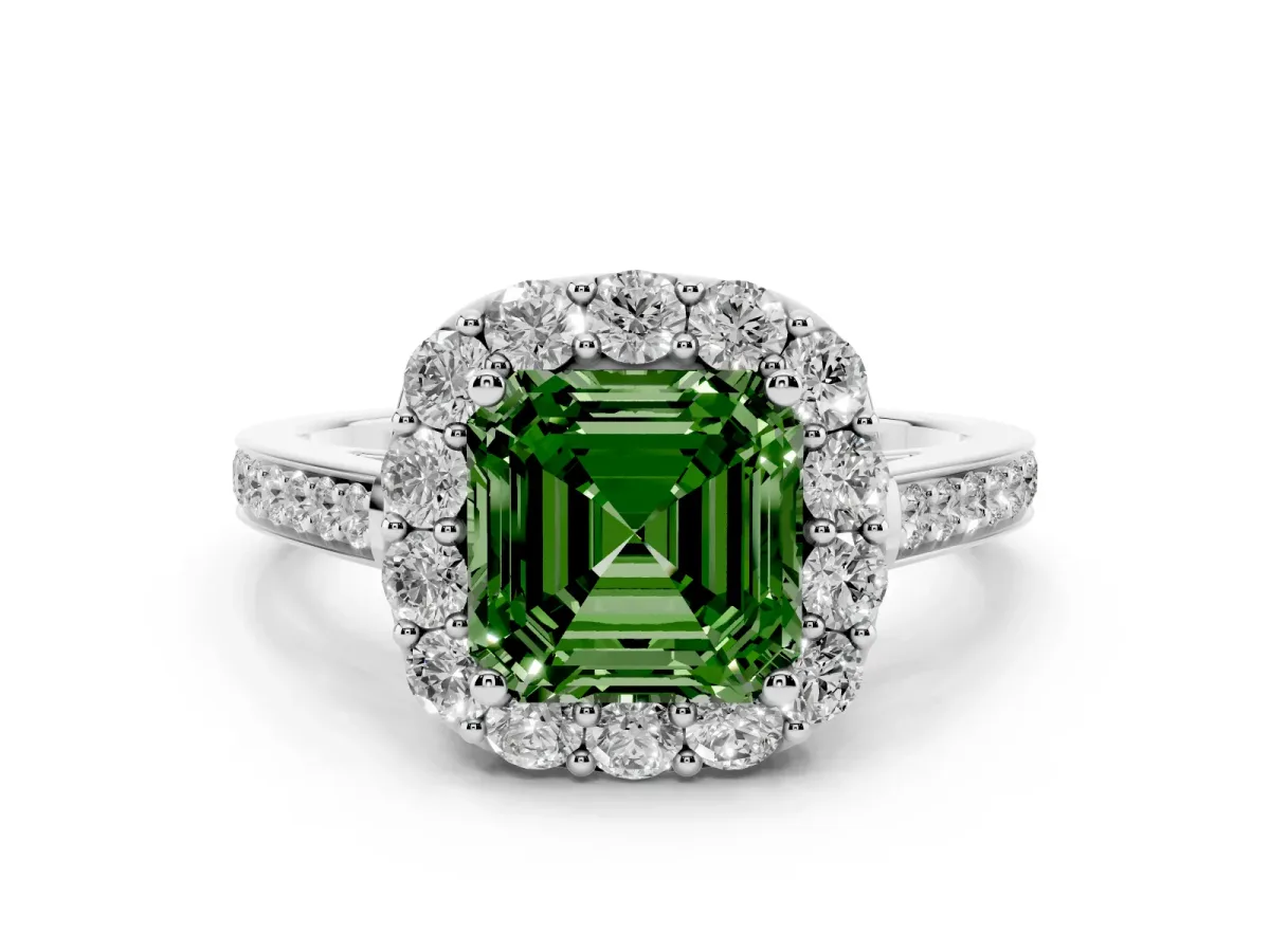 Fancy Green Asscher Cut Diamond Floral Halo Ring with Pavé Band and Prong Setting White gold