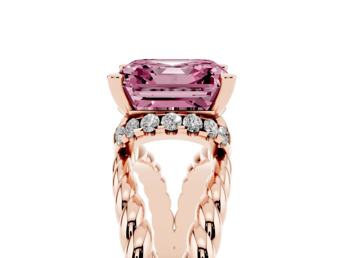 Fancy Pink Asscher Cut Halo Twisted Band Four-Prong Ring Rose gold