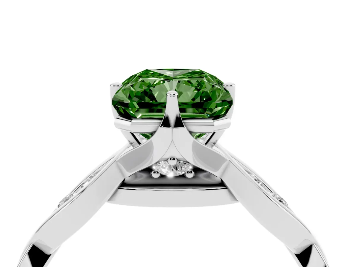 Fancy Green Radiant Cut Solitaire Twist Band with Leaf Prong Setting Silver