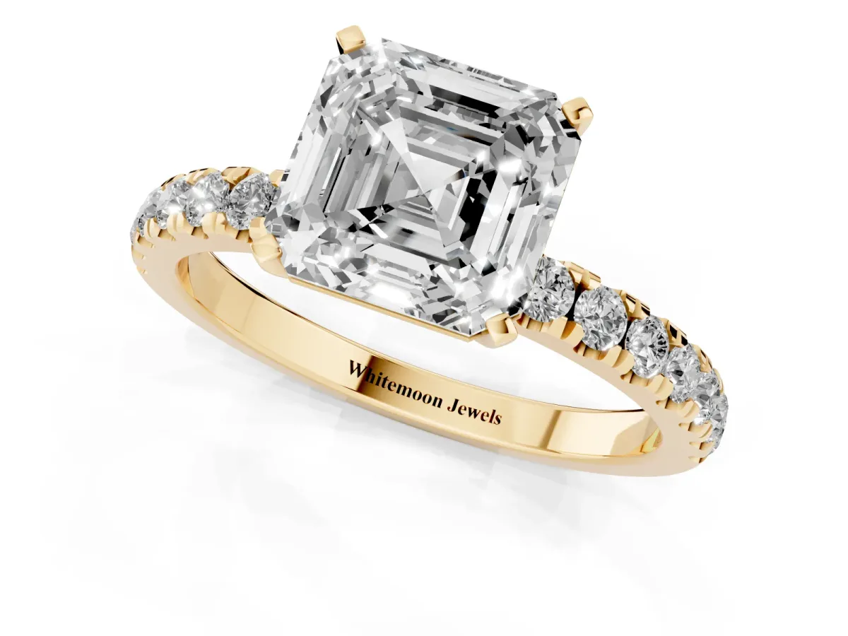 Asscher Cut Diamond Solitaire Ring with Pavé Accents and Four-Prong Setting Yellow gold