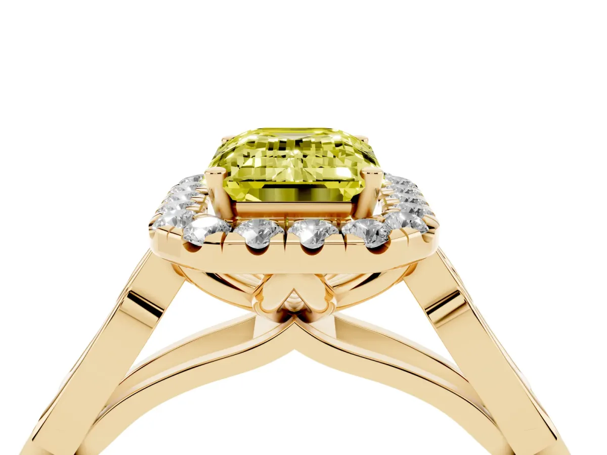Fancy Yellow Emerald Cut Halo Diamond Engagement Ring with Filigree Band and Four-Prong Setting Yellow gold
