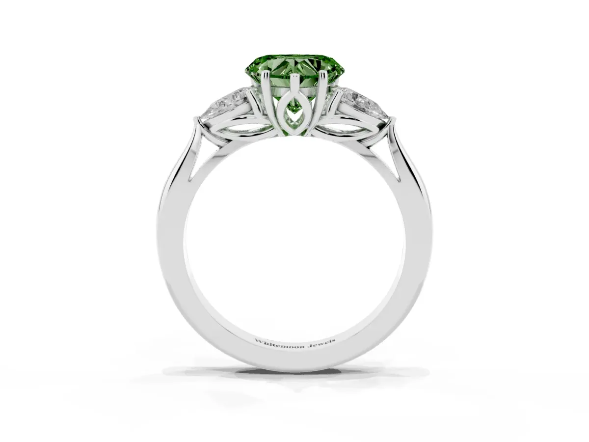 Fancy Green Heart Cut Diamond Three-Stone Ring with Pear Side Stones and Prong Setting Platinum
