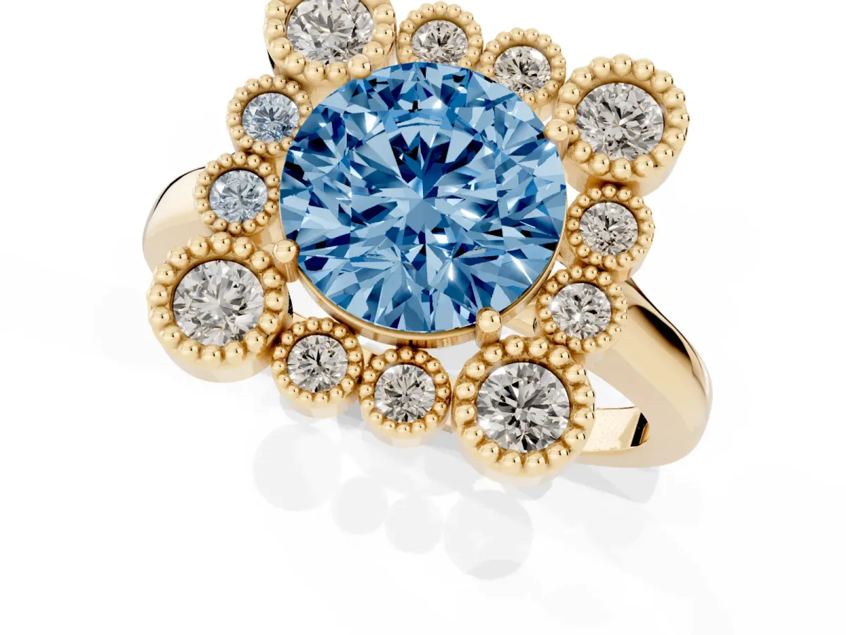 Fancy Blue Round Cut Halo Diamond Cluster Engagement Ring with Milgrain Bezel Setting and Solitaire Band Yellow gold