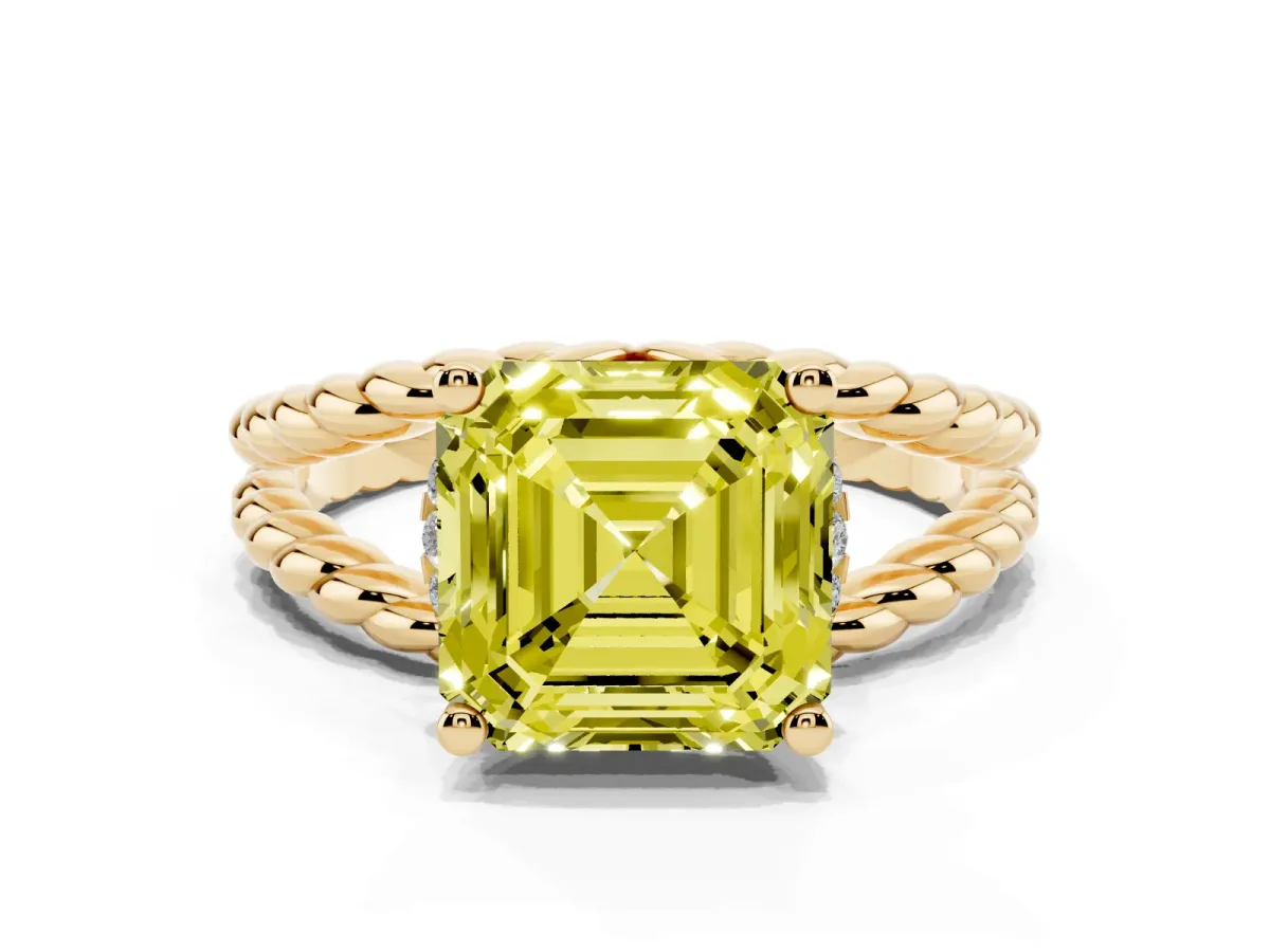 Fancy Yellow Asscher Cut Halo Twisted Band Four-Prong Ring Yellow gold