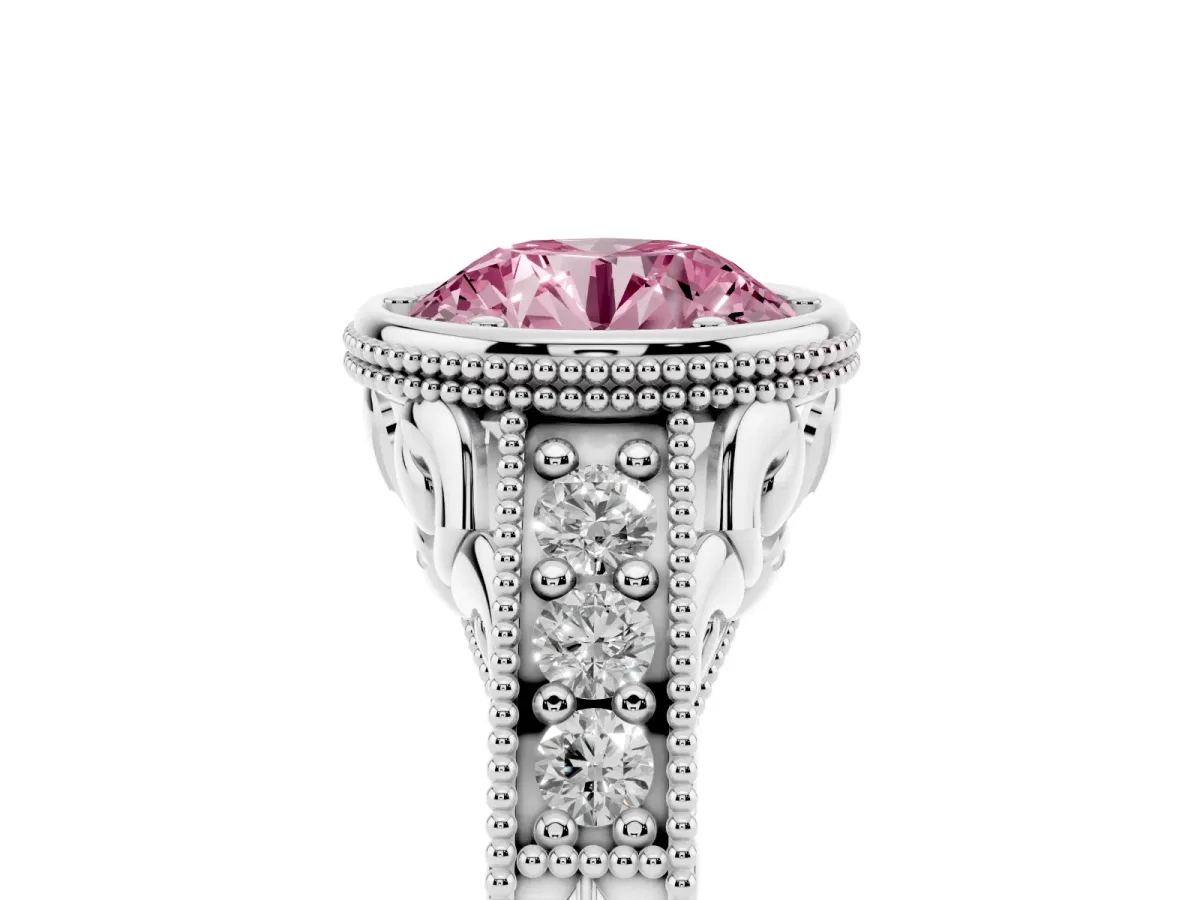 Fancy Pink Bezel Set Round Cut Diamond Milgrain Pave Engagement Ring Silver