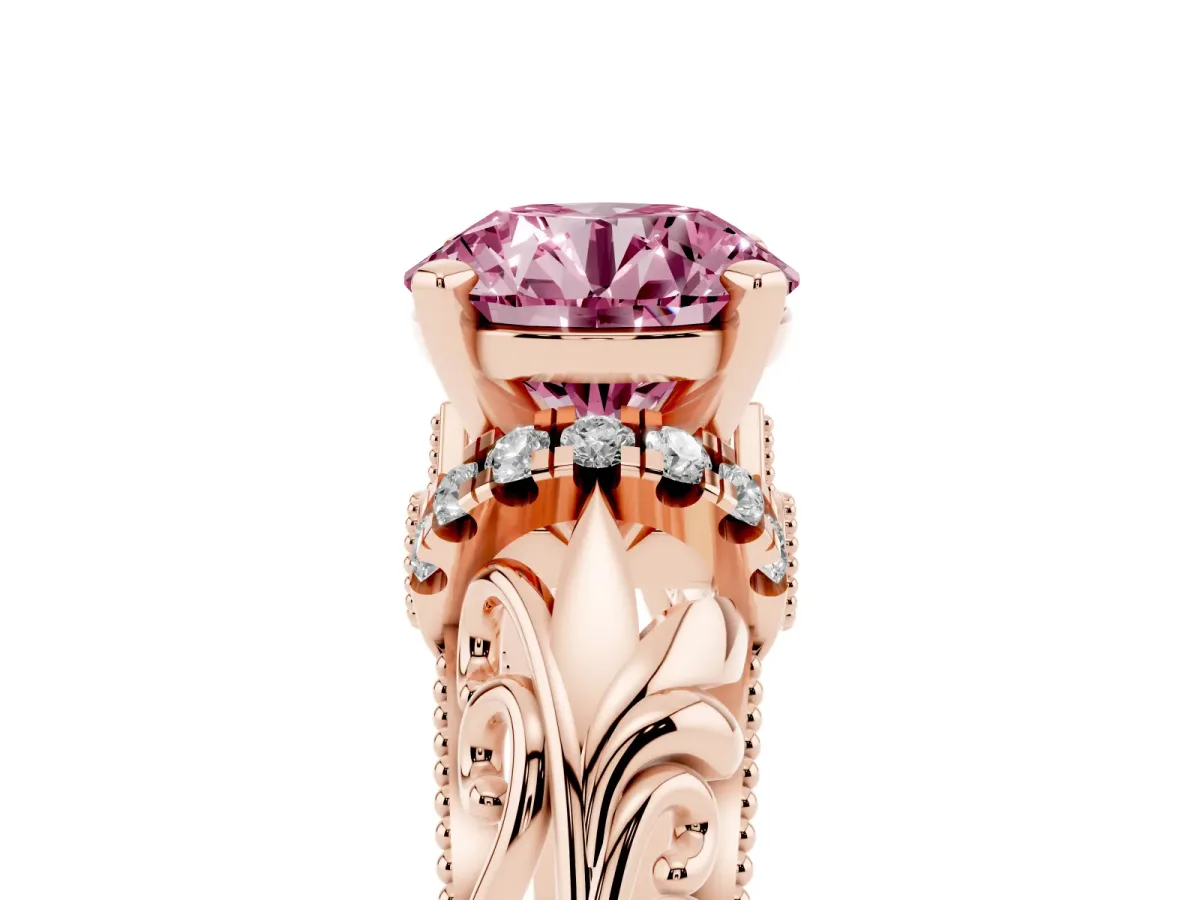 Fancy Pink Round Cut Solitaire Filigree Engagement Ring with Halo and Prong Setting Rose gold