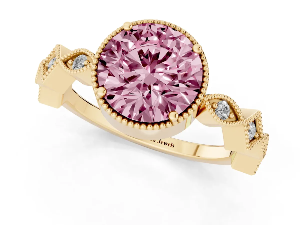 Fancy Pink Round Cut Milgrain Marquise Diamond Twist Band Ring Yellow gold
