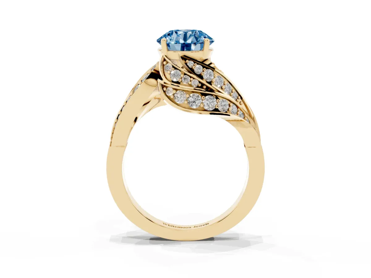 Fancy Blue Round Cut Diamond Solitaire Ring with Prong Setting and Twisted Pavé Band Yellow gold