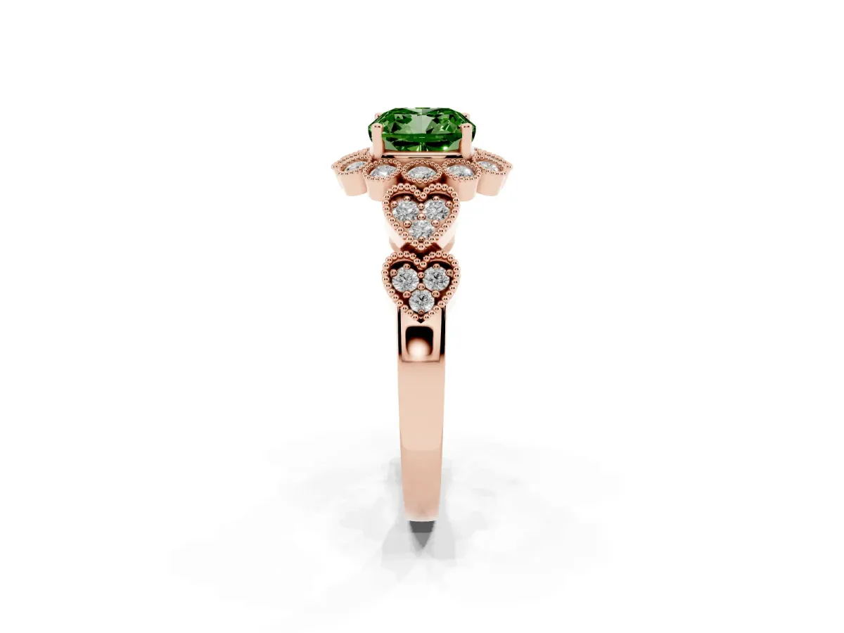 Fancy Green Cushion Cut Brilliant Milgrain Pave Heart Band Solitaire Ring Rose gold