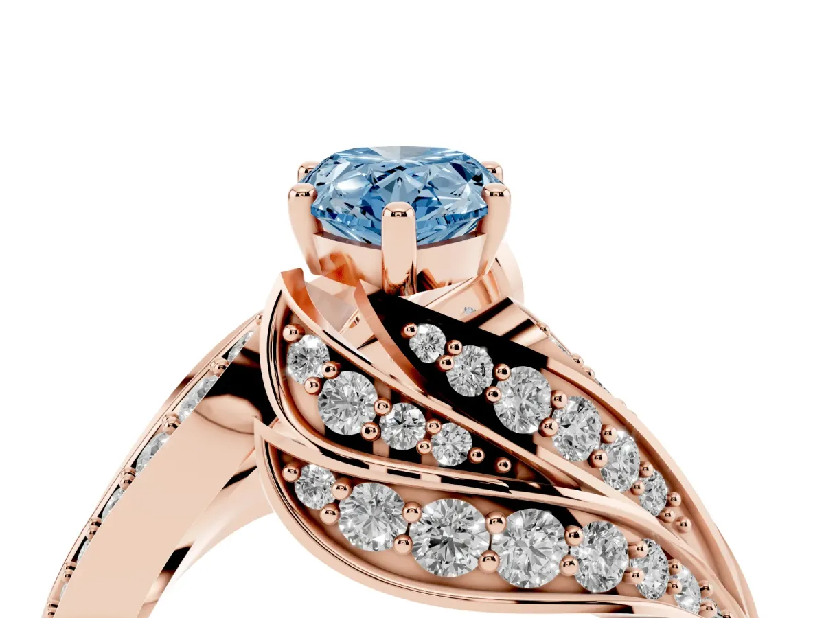 Fancy Blue Pear Cut Diamond Solitaire Ring with Prong Setting and Twisted Pavé Band Rose gold