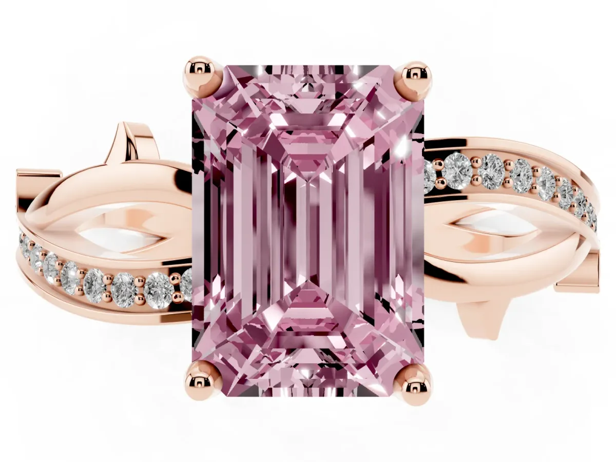 Fancy Pink Emerald Cut Solitaire Twist Band with Pavé Accents and Four-Prong Setting Rose gold