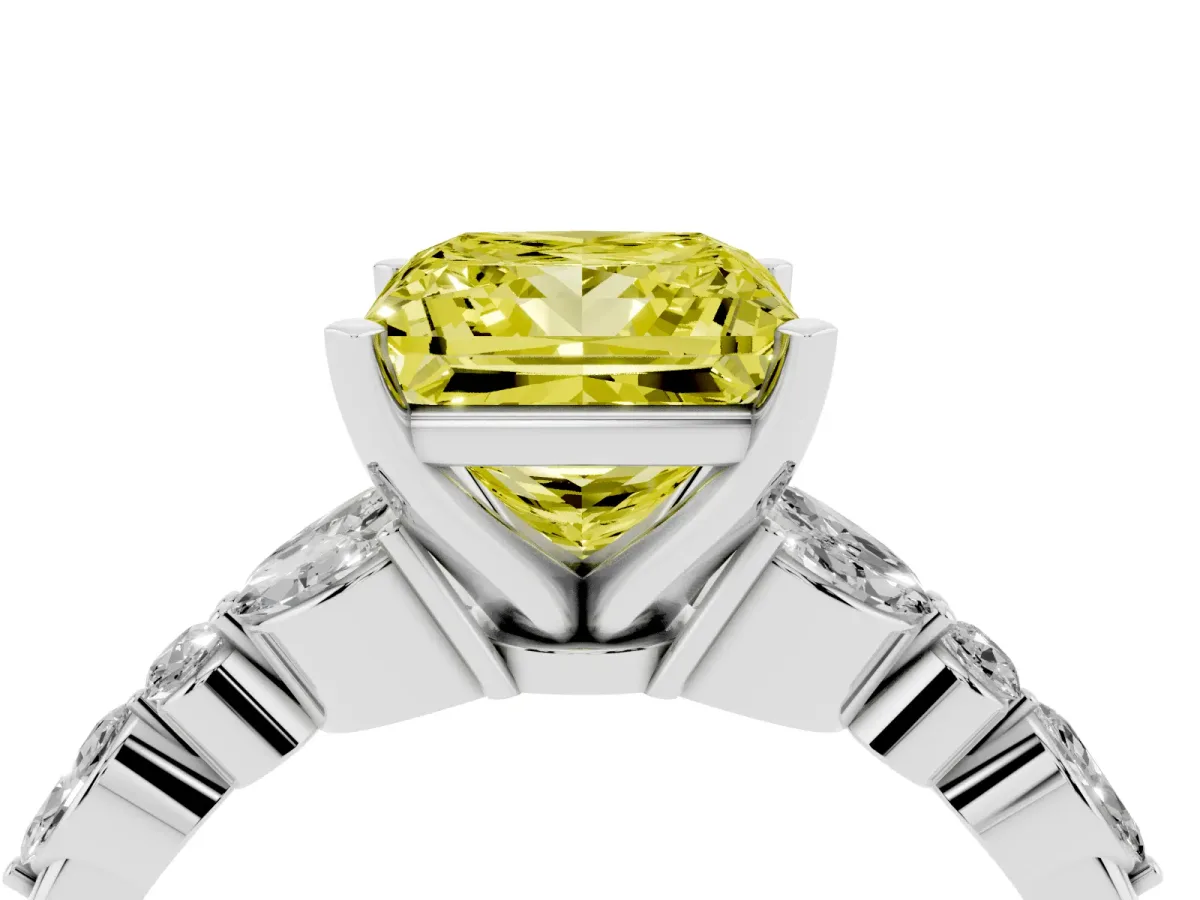 Fancy Yellow Princess Cut Diamond Solitaire Ring with Side Stones and Four-Prong Setting Silver