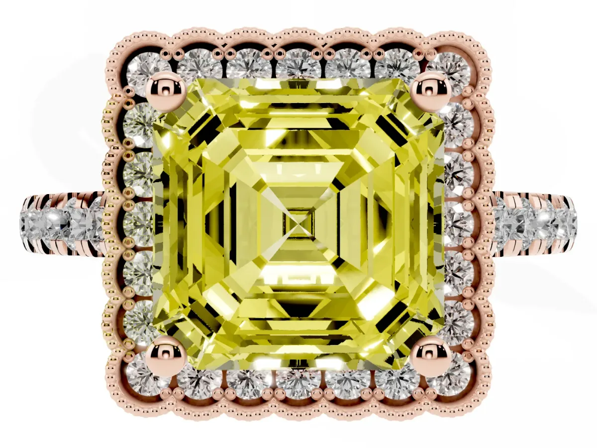Fancy Yellow Asscher Cut Cut Diamond Milgrain Floral Halo Engagement Ring with Pavé Band Rose gold